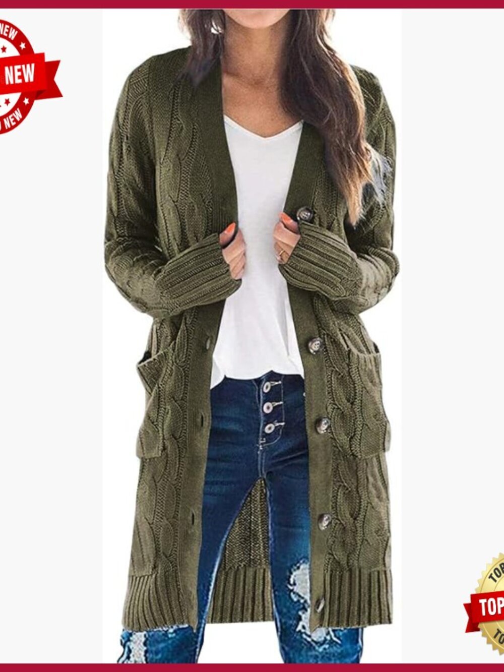 Long Sleeve Cable Knit Cardigan with Pockets Open Front Chunky Sweater
